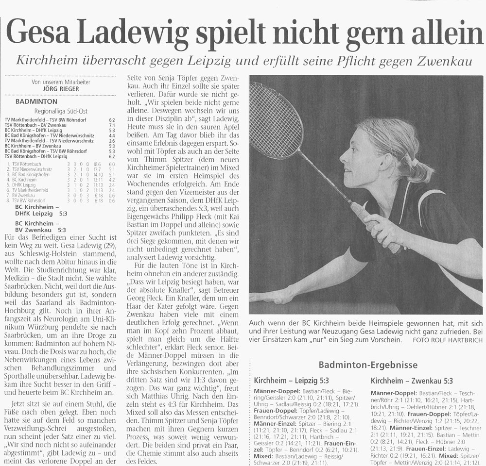 Spielbericht BC Kirchheim und Porträt Gesa Ladewig